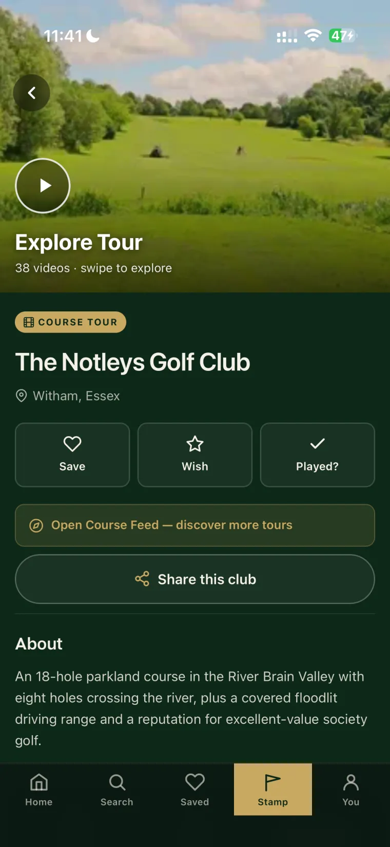 Club page with the full course tour and a share button