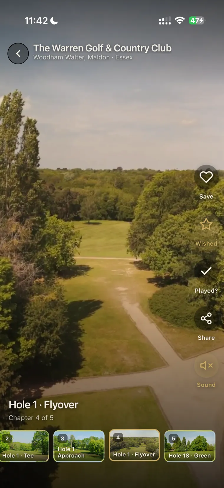 Course tour flyover of hole 1 in the app feed