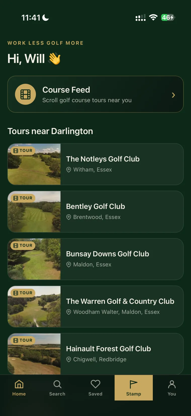 App home screen with the Course Feed and tours near you