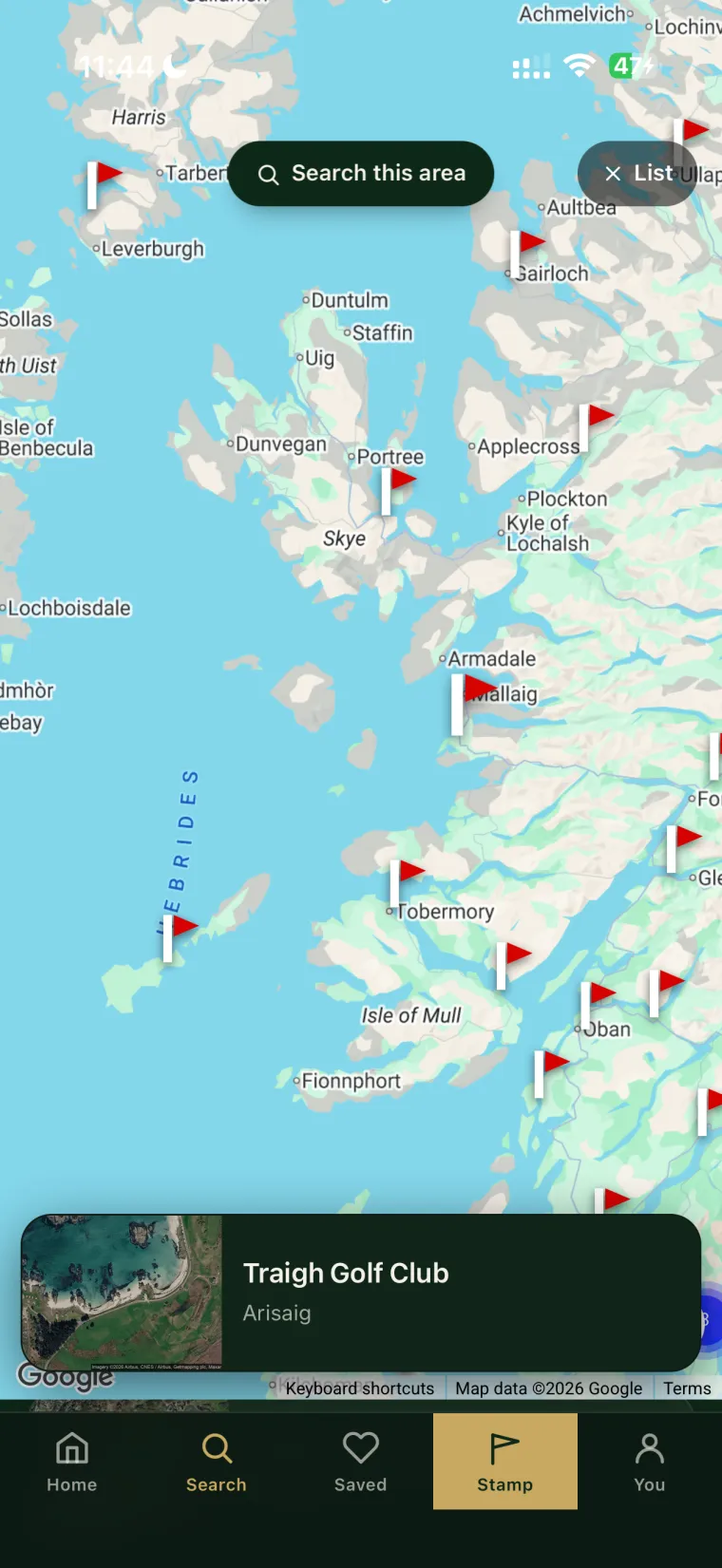 Native map showing golf courses near you with pins