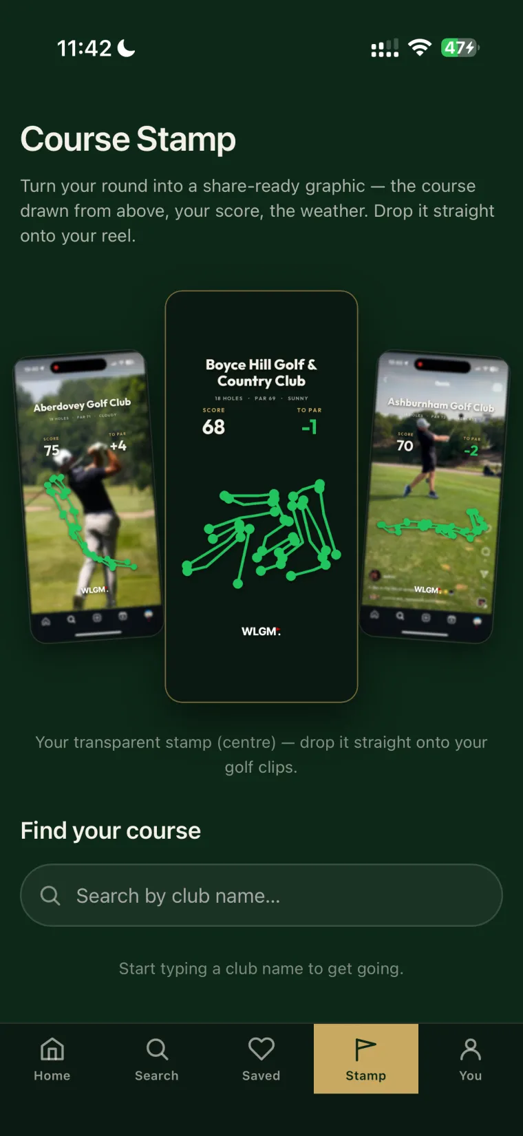 Finished Course Stamps dropped onto golf clips