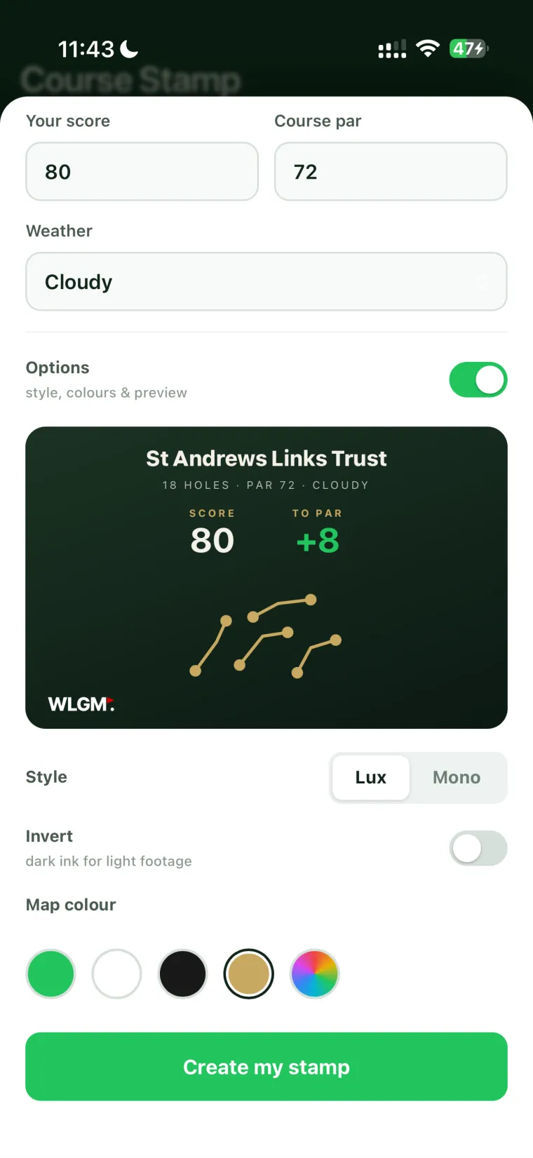 The Course Stamp creator: score, par, weather, style and map colour
